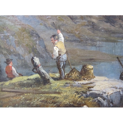 267 - CIRCLE OF WILLIAM PITT. Coastal scene together with fishermen by a beached boat, oil on canvas, 13 x... 