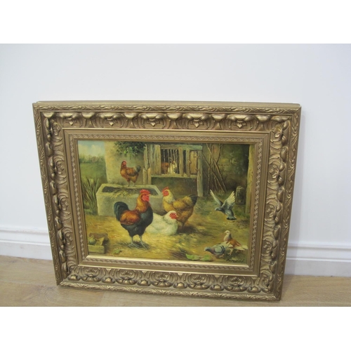 273 - A. R. STEVENSON (after Edgar Hunt). Poultry in a farmyard, signed, oil on canvas, 12 x 16in