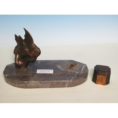 303A - An Inkstand mounted with fish and a metal inkwell on a marble base, 9 1/2in W