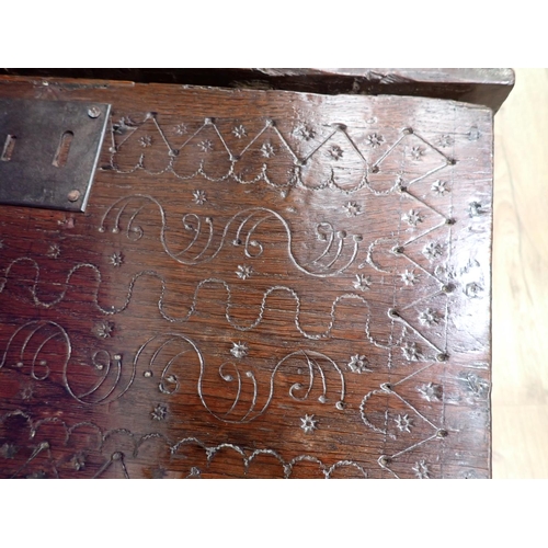 328 - A late 17th Century Welsh oak Box with pin carved heart design to front 1ft 8in W x 10in H