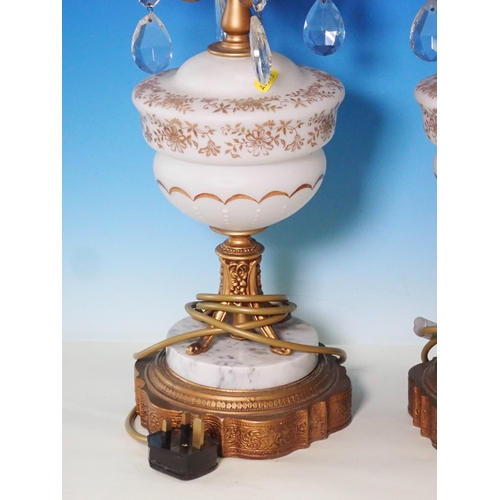 369 - A pair of gilt metal and opaque glass Table Lamp with crystal droppers 1ft 11in H (Passed Pat Test)