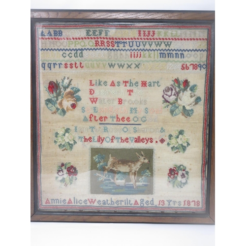 383 - A Victorian Woolwork Sampler with alphabet, verse and panel of deer by Annie Alice Weatherill, Aged ... 