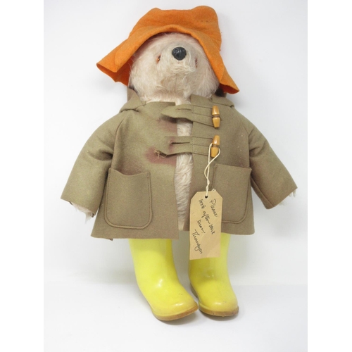 384 - Paddington Bear with yellow Dunlop wellingtons, Paddington Railway Ticket, wearing duffle coat