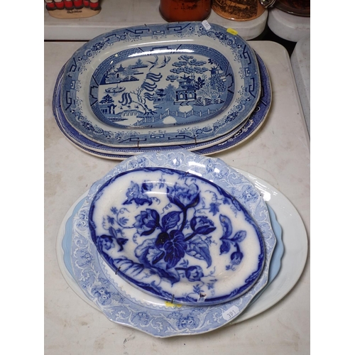 391 - Collection of blue and white Meat Plates, glass Bowl and Grafton Tea Service