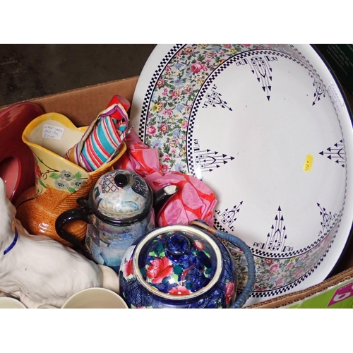 393 - Box of ceramic Bowls, Jugs, Cat, etc.