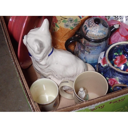 393 - Box of ceramic Bowls, Jugs, Cat, etc.