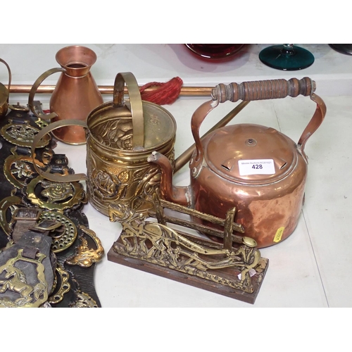 428 - A collection of brass and copper ware including Coaching Horn, , Letter Rack, Horse Brasses, etc.