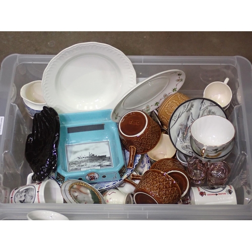 430 - Two boxes of ceramics including Navy Rum Ash Tray, Egg Shell Tea Set, Plates, etc.