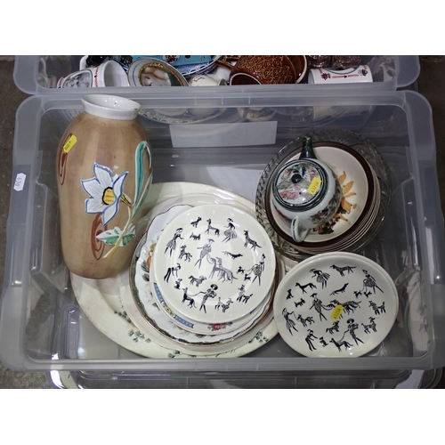 430 - Two boxes of ceramics including Navy Rum Ash Tray, Egg Shell Tea Set, Plates, etc.