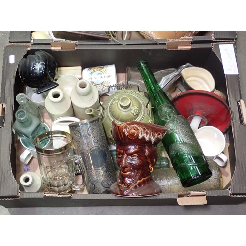 432 - Two boxes of old Telephones, stoneware Bottles, brass Charger, Glasses, enamel Flour Bin, etc.