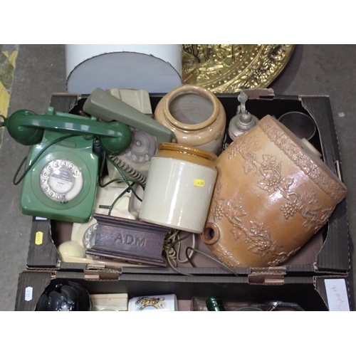 432 - Two boxes of old Telephones, stoneware Bottles, brass Charger, Glasses, enamel Flour Bin, etc.