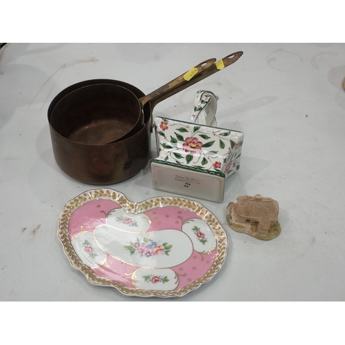 436 - A Rosenthal Peacock Dish, Carlton ware blue and gilt Dish, two copper Pans, etc.