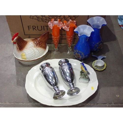 446 - Box of ceramics including Tea Service, Figurines, pair of blue glass Vases A/F, chicken  Egg Basket,... 