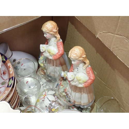 446 - Box of ceramics including Tea Service, Figurines, pair of blue glass Vases A/F, chicken  Egg Basket,... 