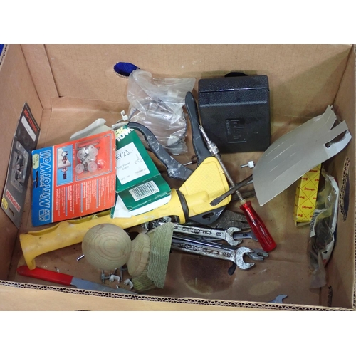 454 - A box of Door Handles, two Foot Pumps, brass Wall Sconces, etc.