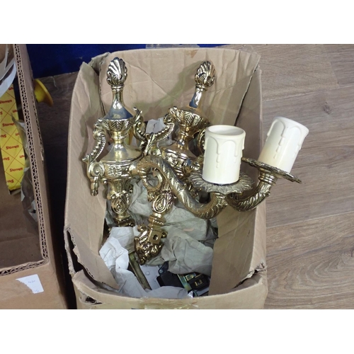 454 - A box of Door Handles, two Foot Pumps, brass Wall Sconces, etc.