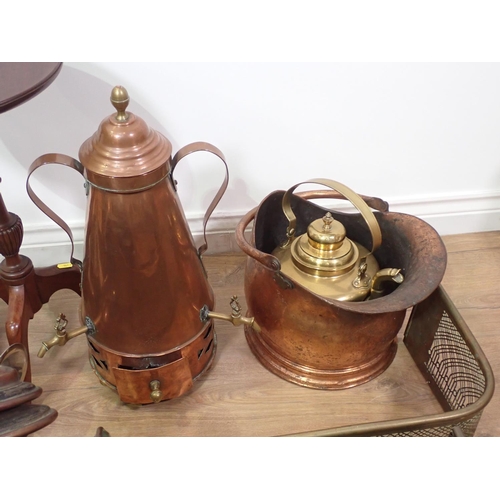 478 - A mahogany Wine Table, Singer Sewing Machine, two pierced brass Fenders, Lamp, copper Coal Scuttle, ... 