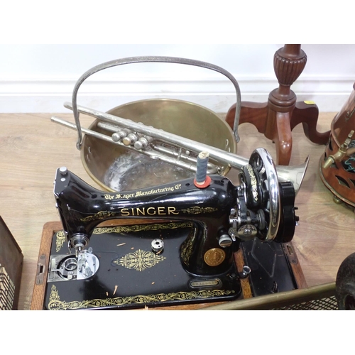 478 - A mahogany Wine Table, Singer Sewing Machine, two pierced brass Fenders, Lamp, copper Coal Scuttle, ... 