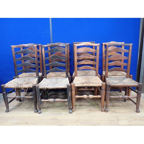 488 - An antique harlequin set of eight rush seated ladderback Chairs