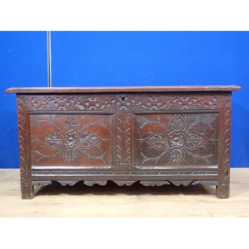 491 - A 17th Century West Country oak two panel Coffer with carved foliate decoration 4ft W x 2ft H