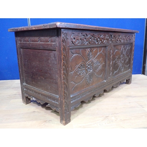 491 - A 17th Century West Country oak two panel Coffer with carved foliate decoration 4ft W x 2ft H