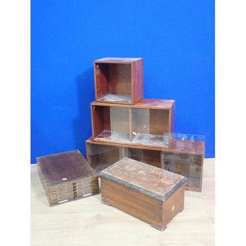 521 - Three mid-century Bookcase Sections with glass fronts and a Set of table top Drawers