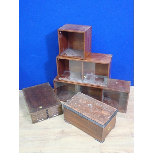 521 - Three mid-century Bookcase Sections with glass fronts and a Set of table top Drawers