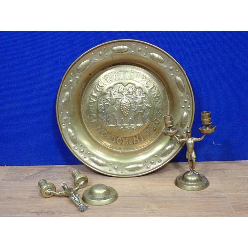 530 - Three Wall Hangings in the Medieval style,  a 16th Century style brass Alms Dish and two Candlestick... 