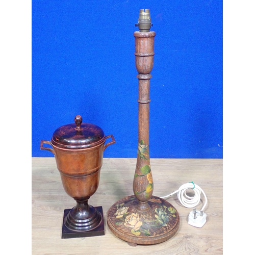 531 - A metal lidded Urn, a Table Lamp with rose design and an antique Warming Pan