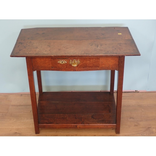 54 - An antique oak Side Table with two plank top, fitted frieze drawer above lower tier 2ft 10in W x 2ft... 