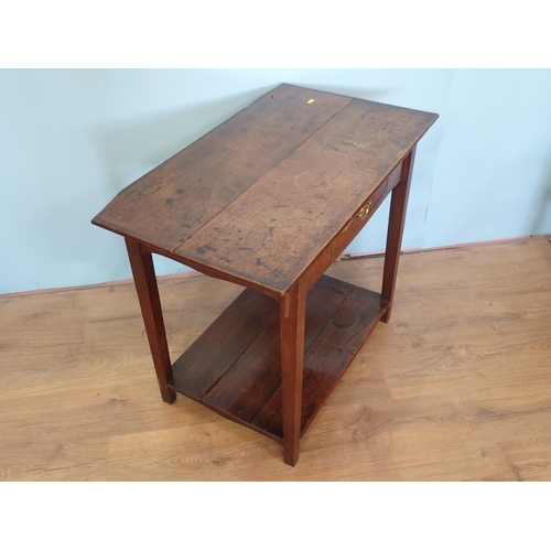 54 - An antique oak Side Table with two plank top, fitted frieze drawer above lower tier 2ft 10in W x 2ft... 