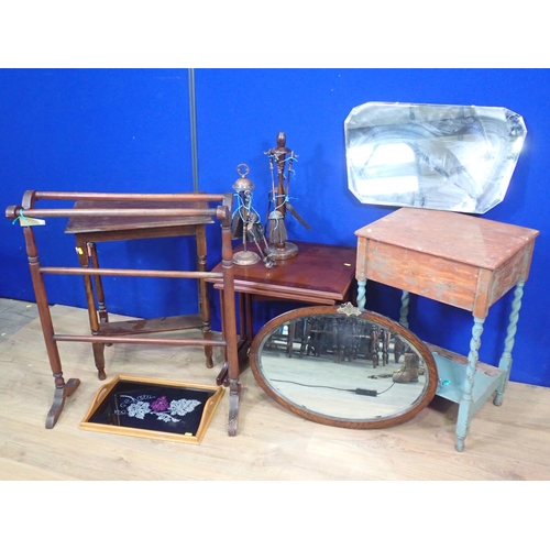 555 - A nest of two mahogany veneered Occasional Tables, Towel Rail, two Occasional Tables, Tray, two Comp... 