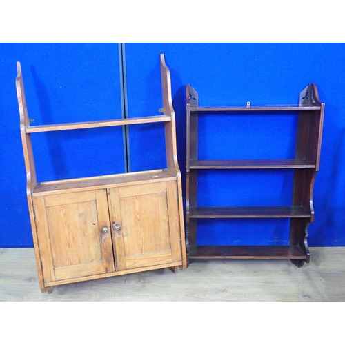 557 - A pair of Georgian style Chairs, a pine Wall Cupboard and a mahogany set of Shelves