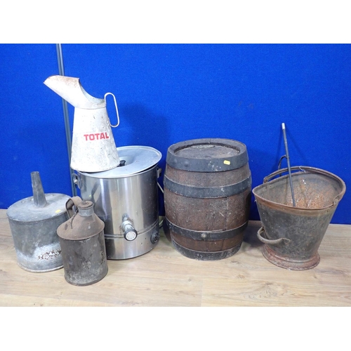 565 - A coopered Barrel, Total Oil Can, Coal Scuttle, two Saddle Racks, Tea Urn (Failed Pat Test) etc.