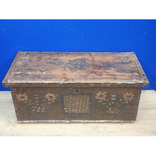 566 - An antique continental painted pine Marriage Chest or Blanket Box 3ft 5in W x 1ft 5in H