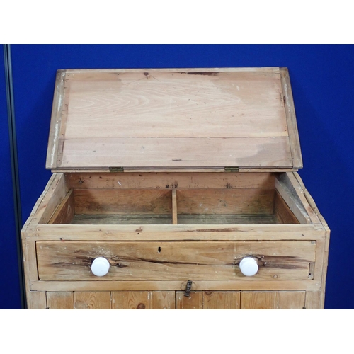 571 - An antique pine School Masters Desk fitted single drawer and two cupboard doors 3ft 5in H x 3f 2in W