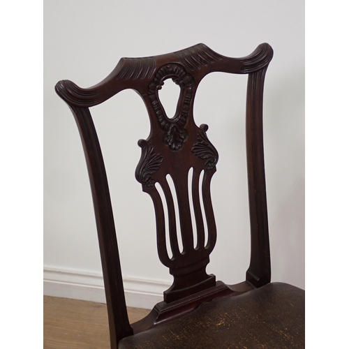 581 - A set of six mahogany Dining Chairs with leather effect seats in need of attention