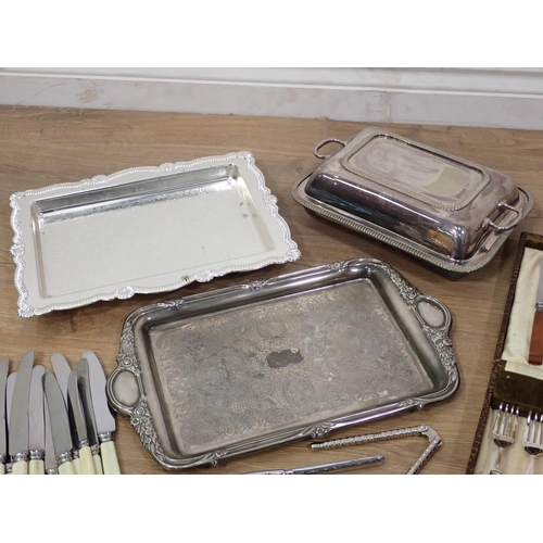 582 - Box of plated ware including two Trays, Entre Dish and Cover, Canteen of Fish Cutlery, etc.