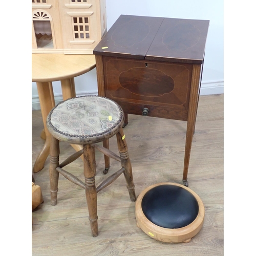 584 - An Edwardian mahogany and inlaid Washstand, Smokers Bow, Stool, Foot Stool, circular Occasional Tabl... 