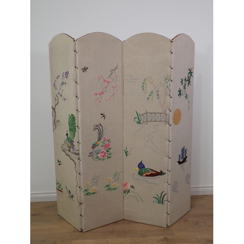 588 - An embroidered four panel Dressing Screen 5ft 4in H and a wrought iron Lamp Standard 4ft 4in H