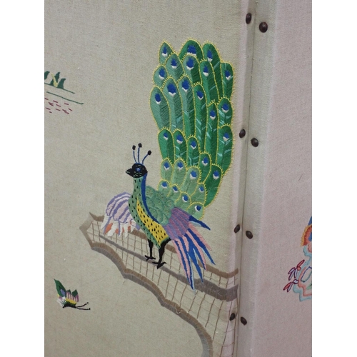 588 - An embroidered four panel Dressing Screen 5ft 4in H and a wrought iron Lamp Standard 4ft 4in H