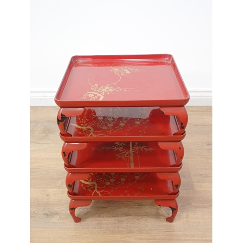 589 - Four red lacquered Trays 1ft 2in W x 5in H