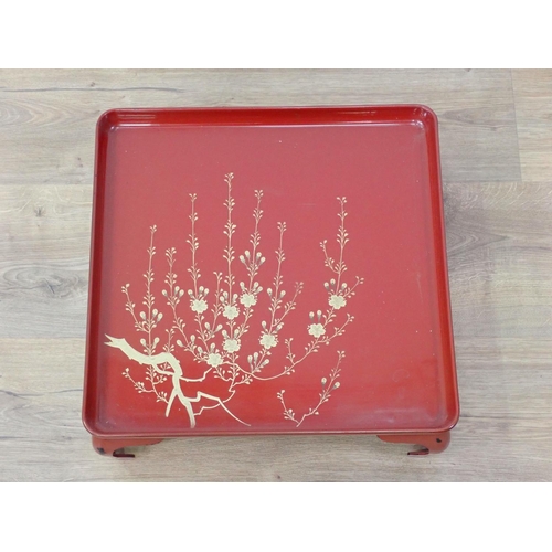 589 - Four red lacquered Trays 1ft 2in W x 5in H