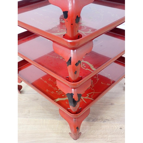 589 - Four red lacquered Trays 1ft 2in W x 5in H