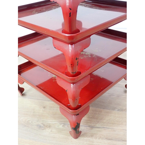 589 - Four red lacquered Trays 1ft 2in W x 5in H