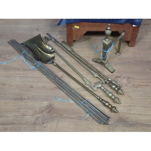 598 - A brass Fire Companion Set, Fire Dog, Stair Rods and a pine Stool