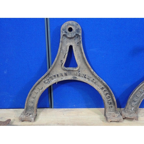 614 - A pair of G.W.R. cast iron Stands and a Rail Gauge