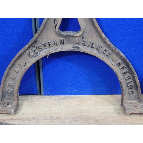 614 - A pair of G.W.R. cast iron Stands and a Rail Gauge