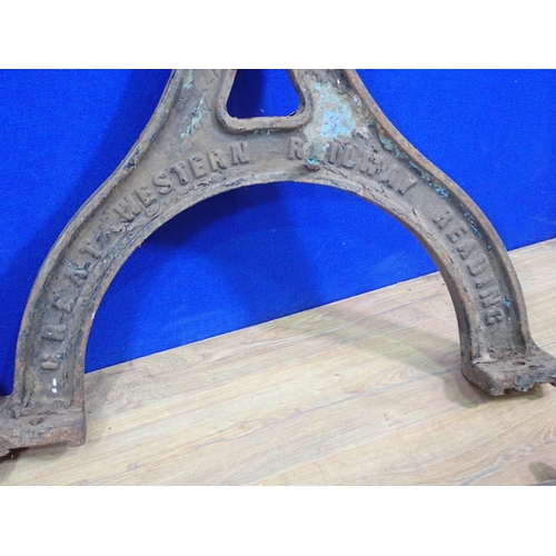 614 - A pair of G.W.R. cast iron Stands and a Rail Gauge