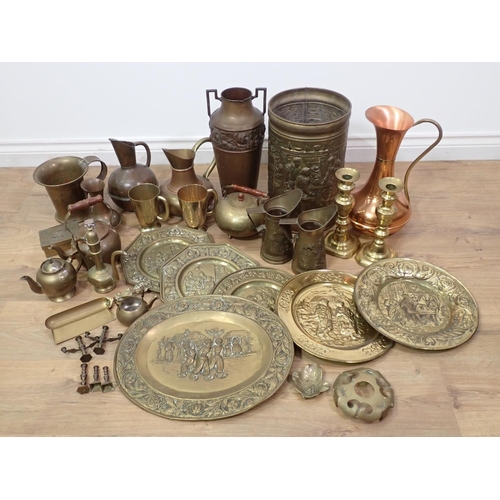 617 - A box of brass and copper ware including Vase, Jug, pair of Candlesticks, Stick Stand, Tea Pots, Tan... 